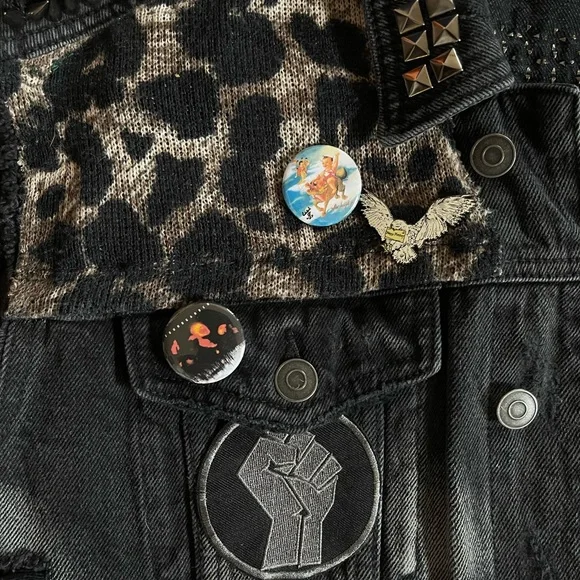 90’s inspired black denim dark battle vest with patches and studs. - Picture 3 of 5